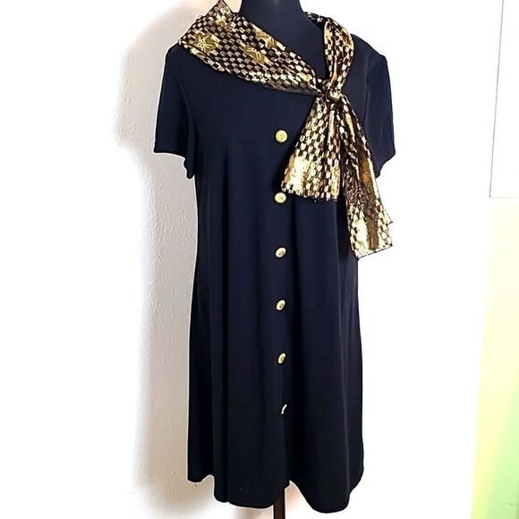 Bedford Fair Black Dress with Gold Buttons & a Gold Shiny Scarf, Size XL-P - Picture 1 of 9